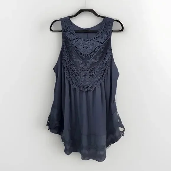 Women’s Navy Lace Crochet Blouse Sleeveless Chiffon Top Boho Chic Size XL - Picture 2 of 6